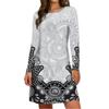 Осень Женская Мода Винтажный Бохо Узор Индивидуальный Стиль Дизайн Длинный Рукав Цветочное Мини-Платье Повседневное Платье