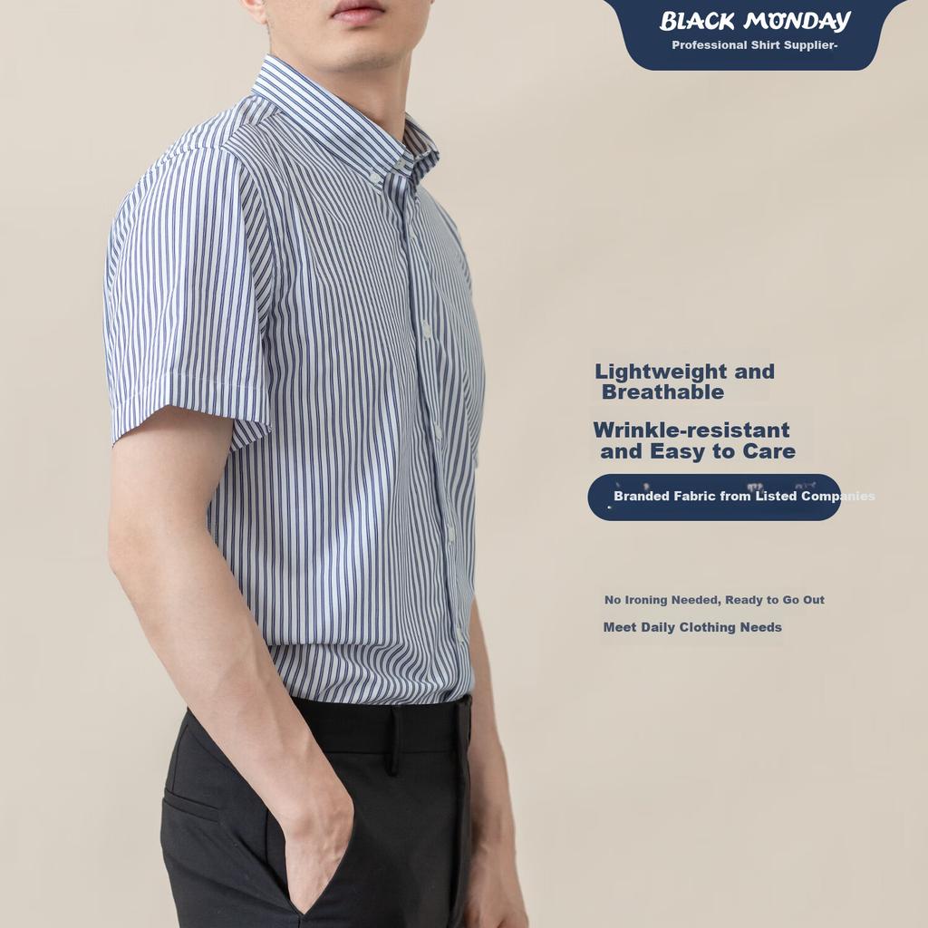 BLACKMONDAY Bamboo Fiber Summer Lightweight Striped Shirt Men's Short Sleeve Business Casual Wrinkle-Resistant Non-Iron Dress Shirt for Me