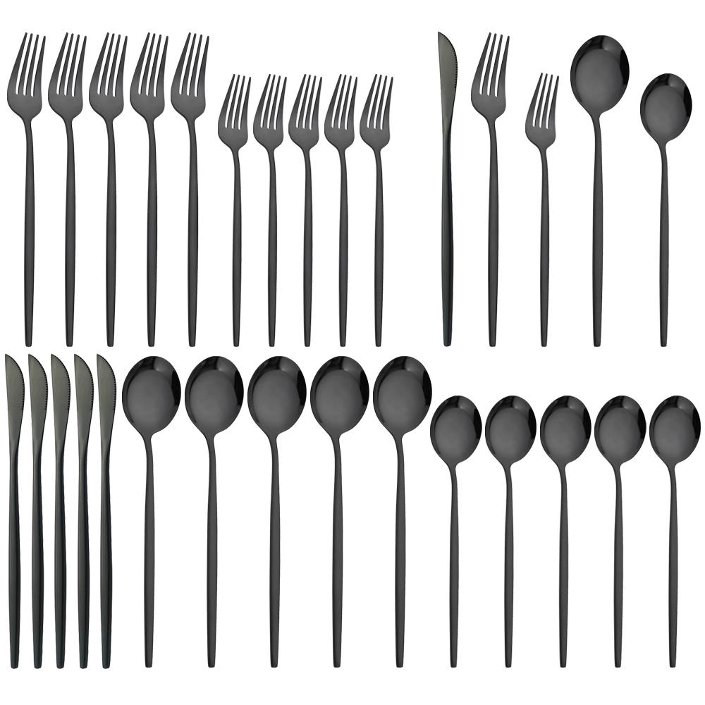 30Pcs Black Cutlery Set Mirror Dinnerware Knife Dessert Fork Spoons Flatware Western Stainless Steel Silverware Party Kitchen Tableware Set