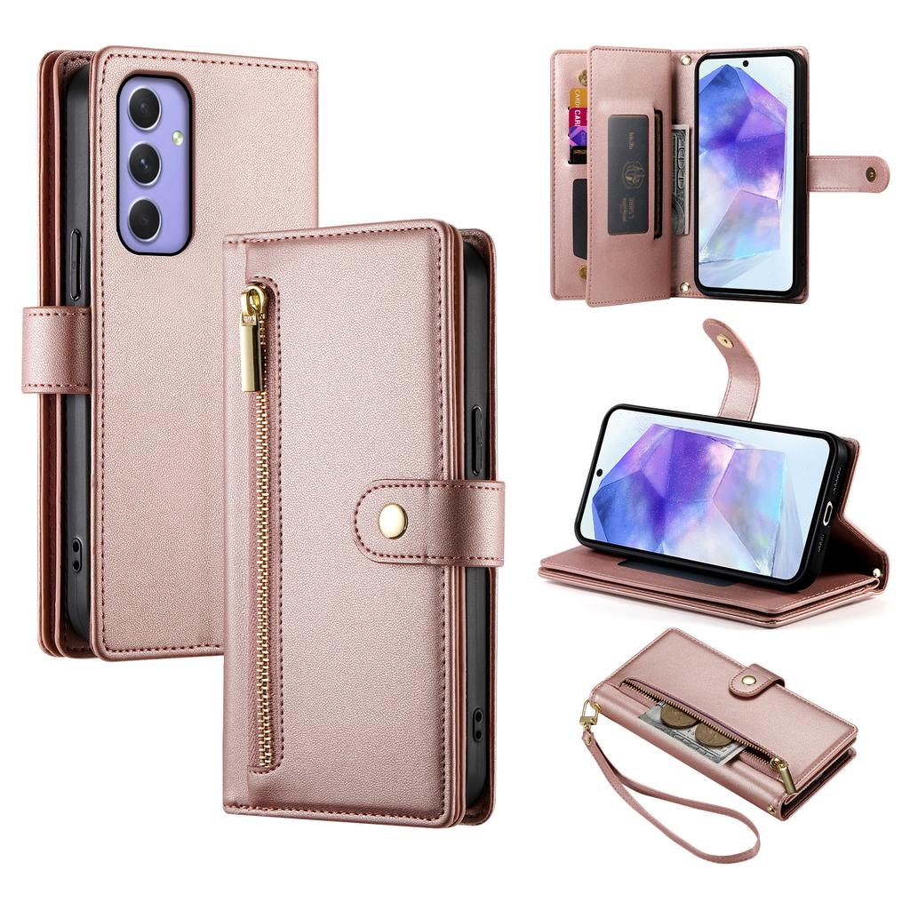 DF-011 For Samsung Galaxy A55 5G Case Zipper Pocket Leather Cover with Multiple Card Slots