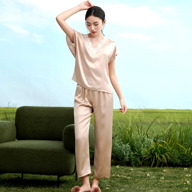 100% Mulberry Silk High-End Fashion V-Neck Off-Shoulder Sleeves Long Pants Home Suit Set for Women