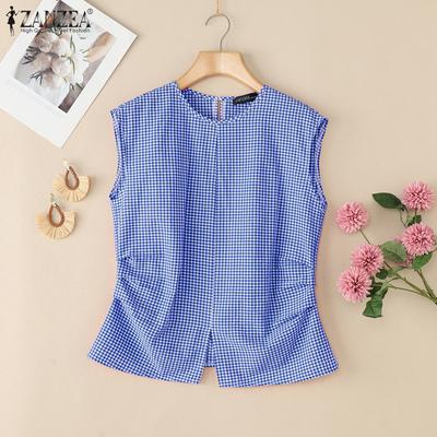 Женские повседневные летние майки без рукавов с круглым вырезом и клетчатым принтом