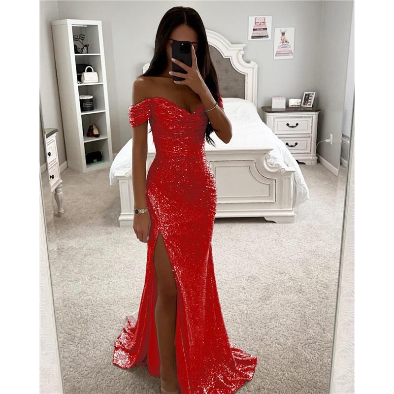 Ladies Party Sequined One-neck Split Dress Summer New Casual Sleeveless V-neck Sexy Elegant Long Skirt