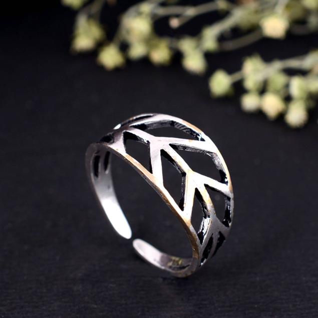 Silver Cutout Leaf Ring | Adjustable Wide Band Botanical Jewelry | Oxidized Boho Nature Inspired Statement Ring | Handmade Gift for Her