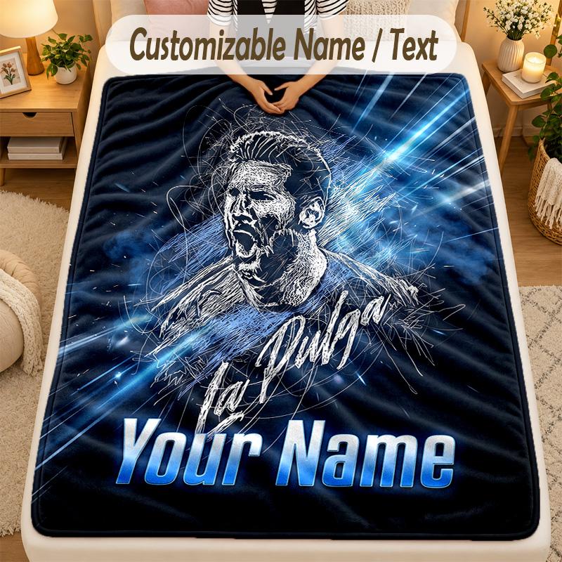 Flannel BlanketLionel Messi Custom Name Text Personalized Soft Warm Throw Blanket Home Decor Gift