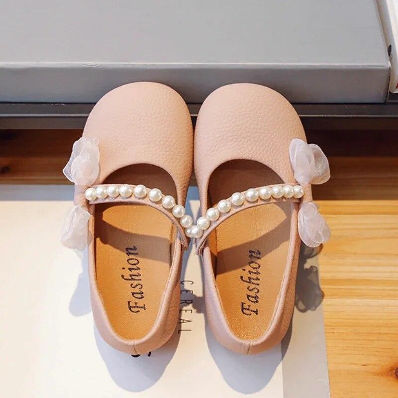 Girl Princess Leather Shoes Chic Versatile Soft Elegant Fashion Lace Bowknot Beading Kid Loafers Wedding Slip-on Mary Janes