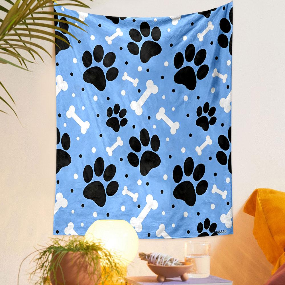 Blue Background with Paws and Bones Patterned Tapestry Decorative Wall Hanging, Home Bedroom Living Room Decor