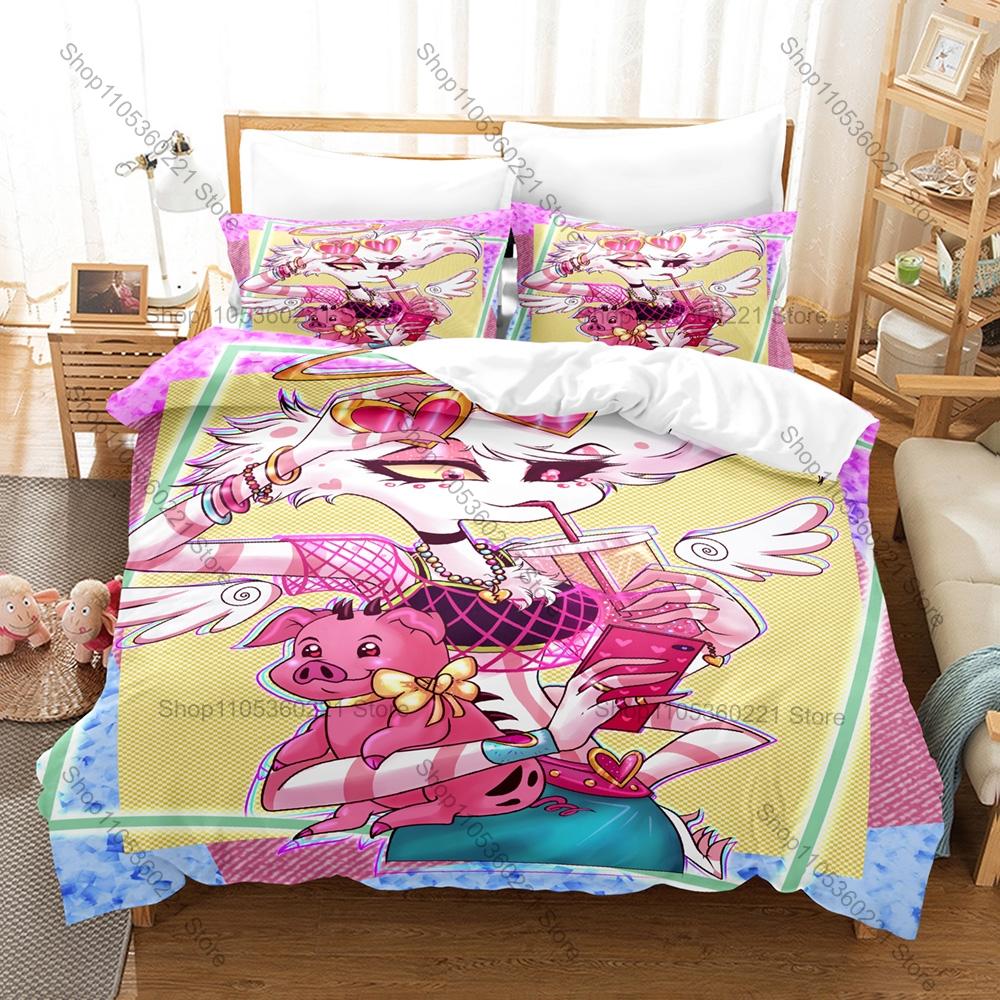 New Angel Dust Fat Nugget Pink Spider Demon Pet Pig Dark Cartoon Print Duvet Cover + 2 Pillowcases Grunge Pink Black Microfiber