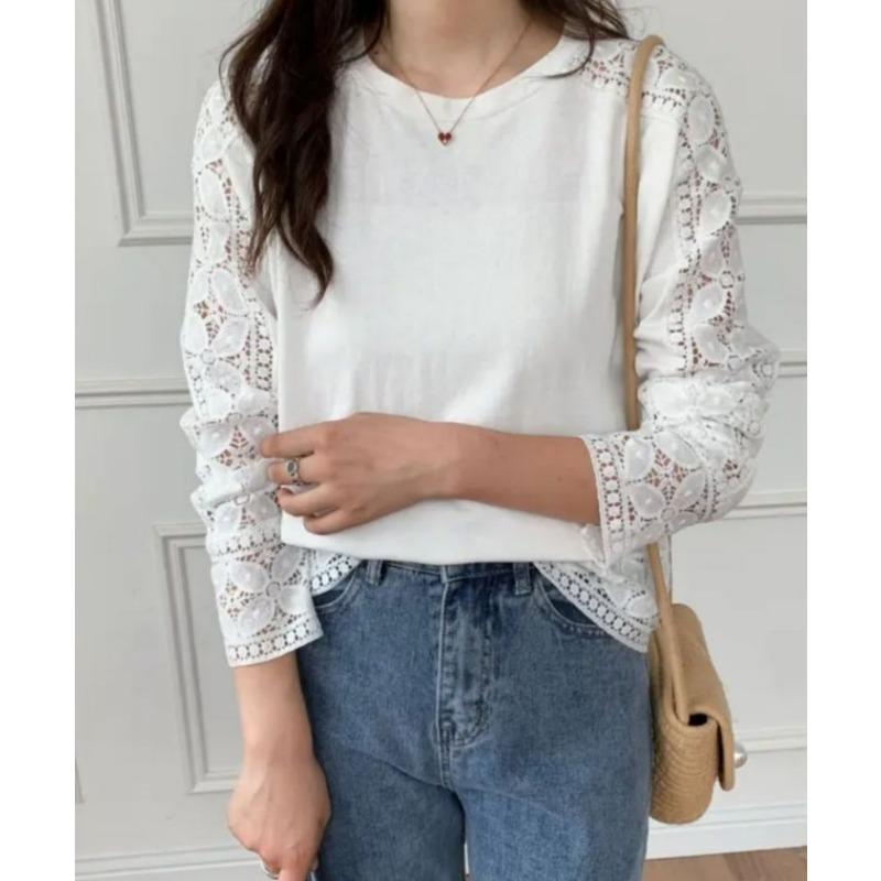 Хорошее качество осень зима японский корейский однотонный кружевной пуловер круглый вырез свободная футболка с длинными рукавами для женщин