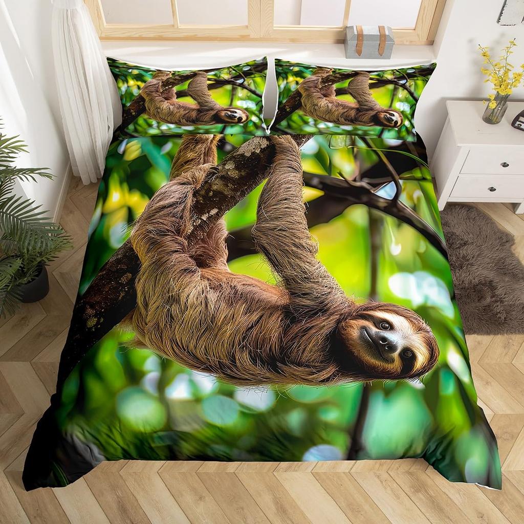 Cute Sloth Duvet Cover Watercolor Floral Bedding Set Lovely Jungle Animal Comforter Cover Twin King Kawaii Sloth Bedspread Cover