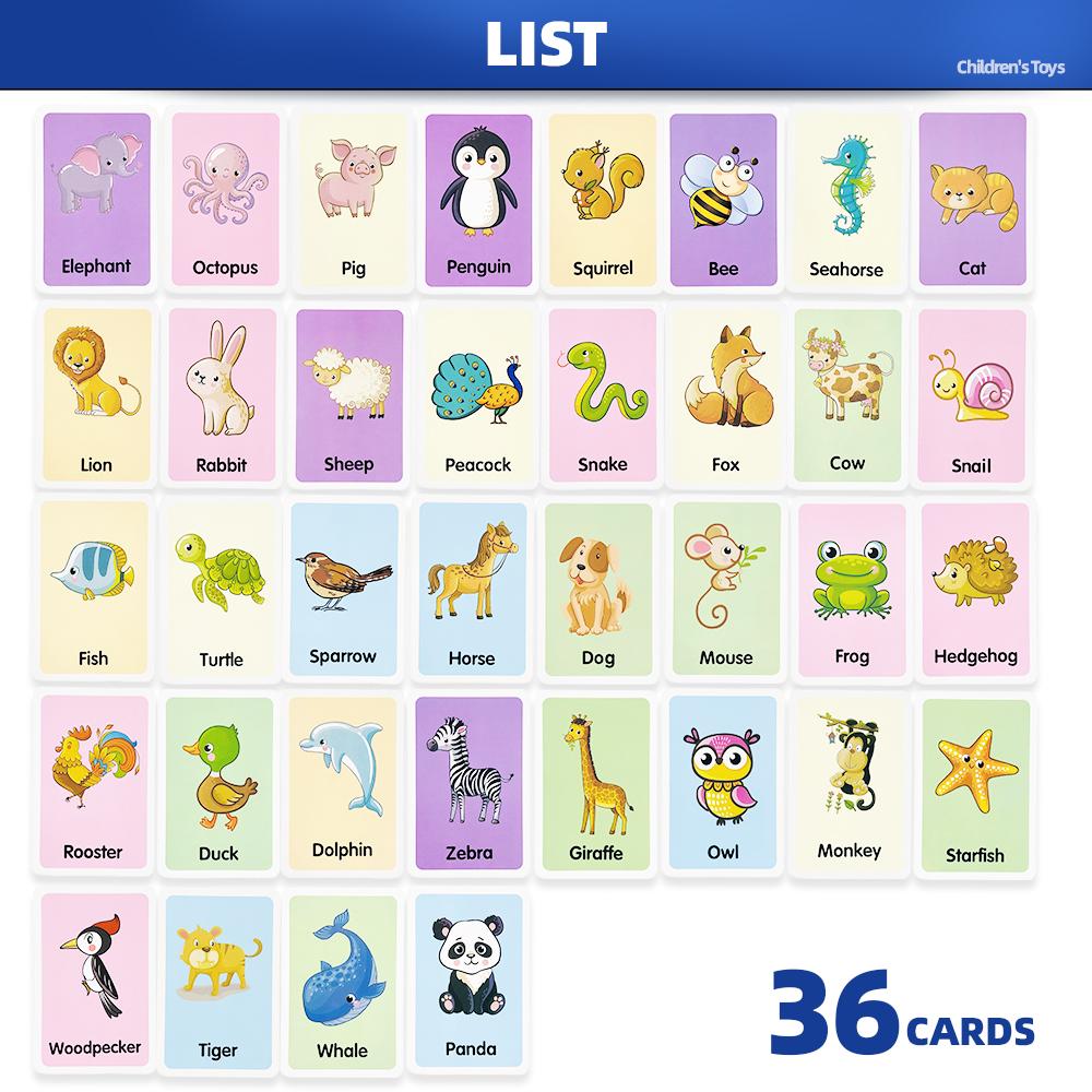 36 Двусторонних карточек с животными для развития познания, Обучающие картинки для просвещения детей, Бумажные развивающие карточки