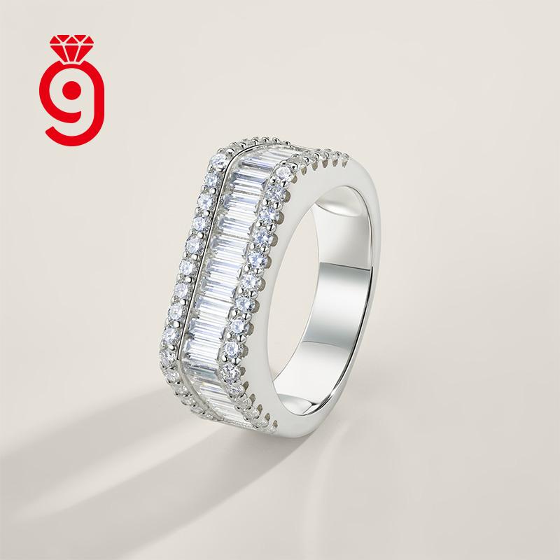 Lustrous Glossy S925 Silver Baguette Triple Row Round Accent Pave Solid Wide Band GRA Certified Unisex Daily Moissanite Ring