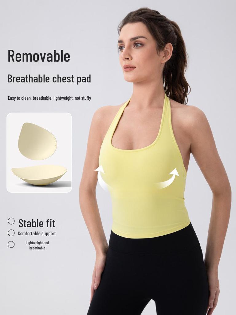 Женский майка для йоги с вырезом на шее и вставными чашечками - Телесный, Сексуальная спинка Стиль 52167