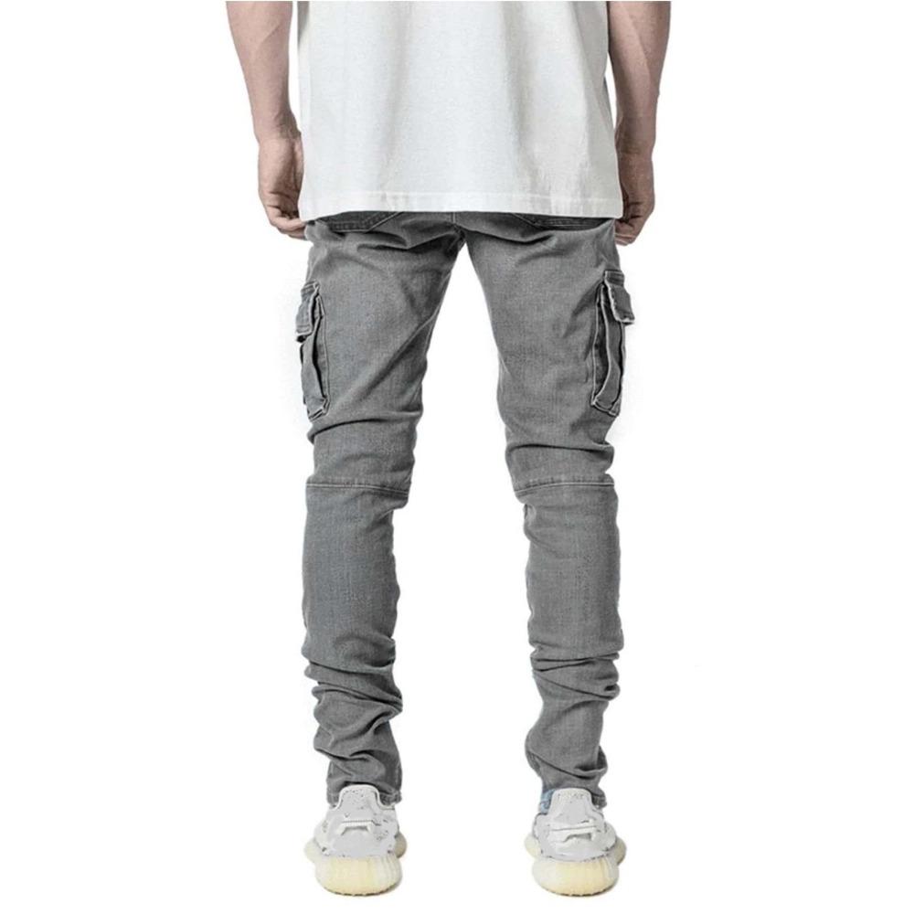 RogueWave Street Elastic Jeans Men Denim Cargo Pants Wash Solid Color Multi Pockets Casual Mid Waist Trousers Slim Fit Daily Wear Joggers