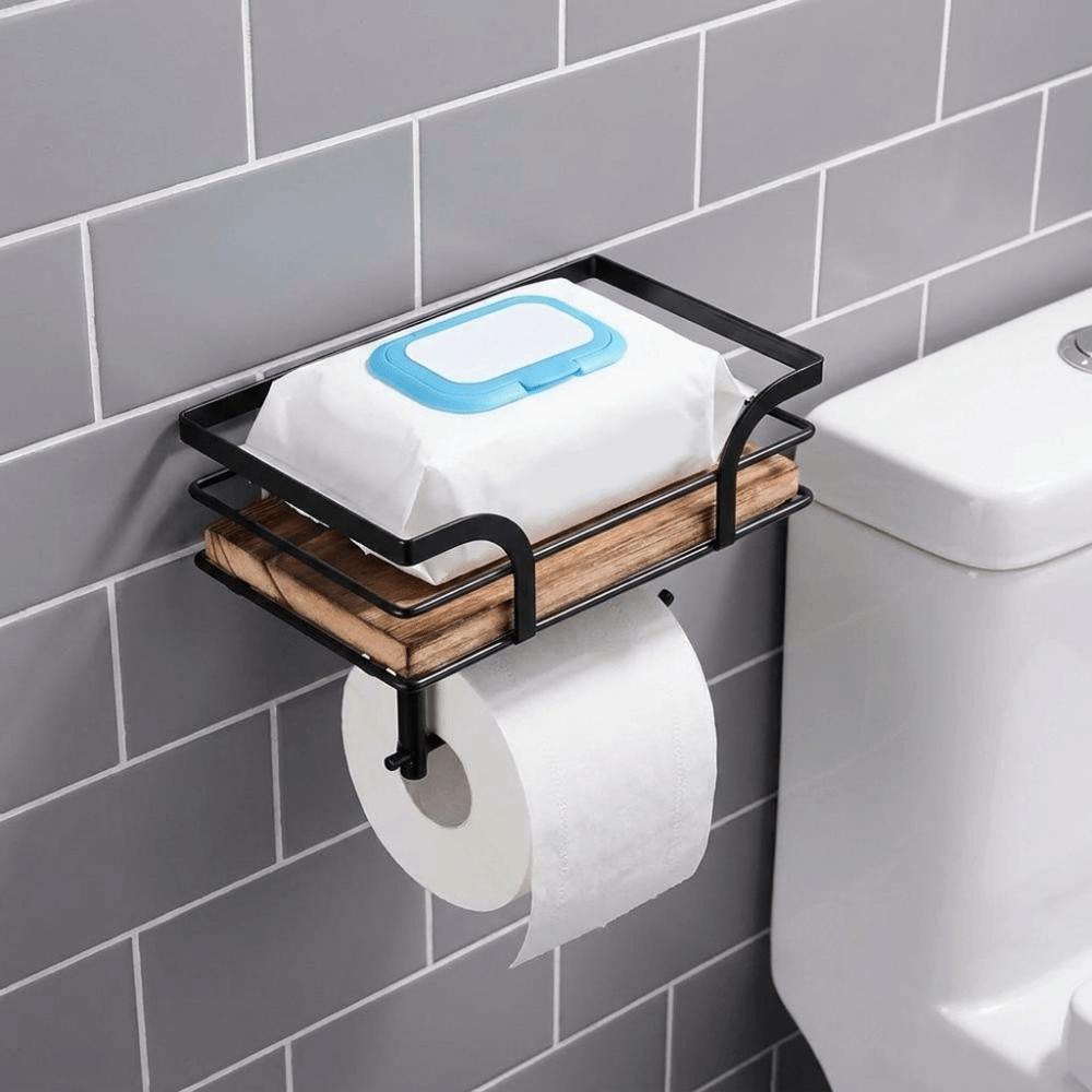 Wall Mounted Toilet Paper Holder Wooden Paper Phone Holder Storage Rack Paper Towel Holder Hotel