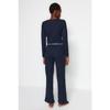 Темно-синий резиновый вязаный пижамный комплект с деталями Thmaw21pt0269