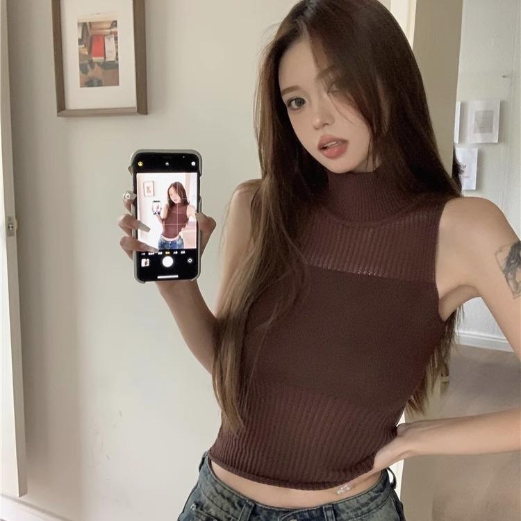 Летний пикантный топ-майка без рукавов с высоким воротом, вязаный кроп-топ - Женский французский ажурный короткий верхний слой