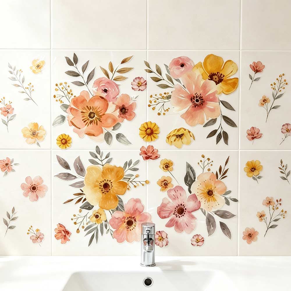 Self-Adhesive Bathroom Stickers Floral Design Ceramic Tile Stickers Flower Washbasin Sticker Wall