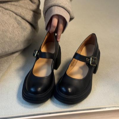 Версия из овчины~ тупоносые туфли Мэри Джейн на высоком каблуке, женские кожаные туфли с ремешком, туфли-лодочки, туфли на толстом каблуке, ретро маленькие кожаные туфли