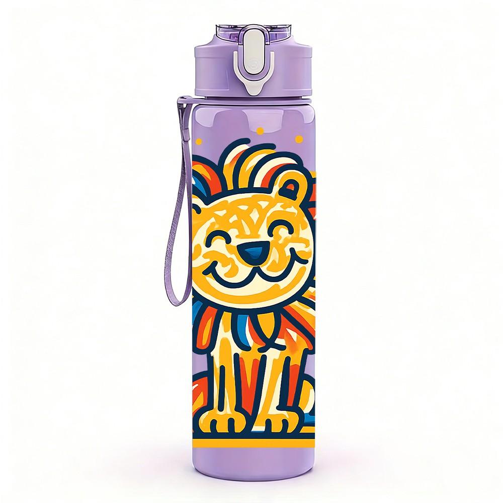 1PC Cartoon Lion Portrait 750ml Color Plastic Sports Water Bottle Leakproof Flip Straw Lid Suitable for Sports Office Home Use
