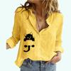 Women Fashion Cotton Linen Shirt Spring Summer Casual Thin Top Cat Print Blouses