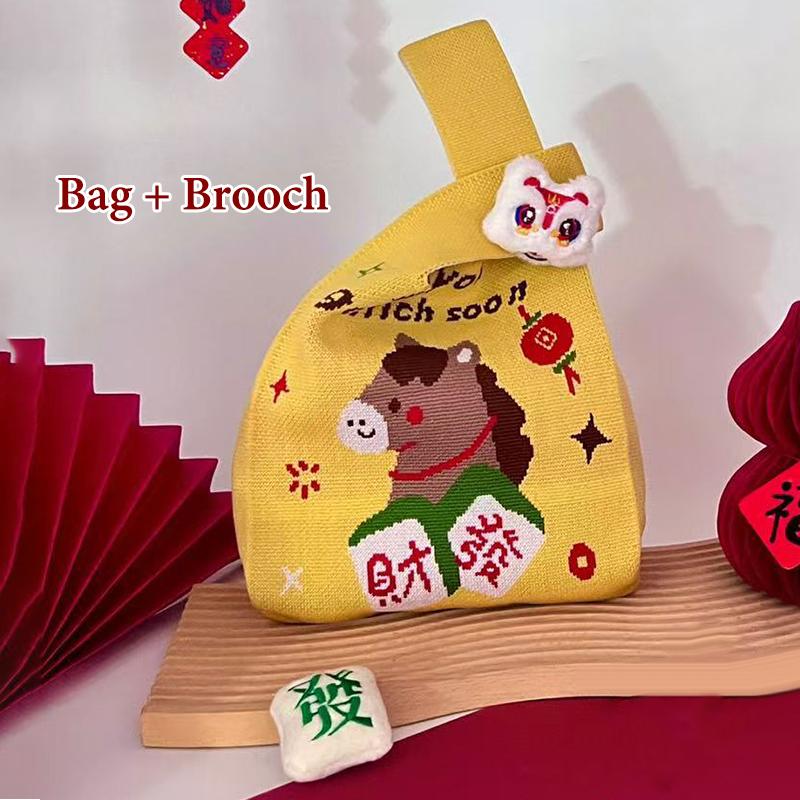 2026 Новогодний Мультяшный Талисман Пони Вязаный Подарочный Мешок Ручной Мешок для Конфет Большая Вместимость Мешок на Завязках на Запястье Милые Многоразовые Сумки для Покупок