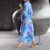 Women's Summer Chiffon Dress Printed Short Sleeve V Neck Flowy Maxi Dress Loose Layered Ruffle Lace-Up Long Dress