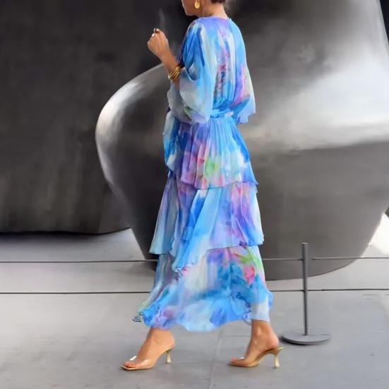 Women's Summer Chiffon Dress Printed Short Sleeve V Neck Flowy Maxi Dress Loose Layered Ruffle Lace-Up Long Dress