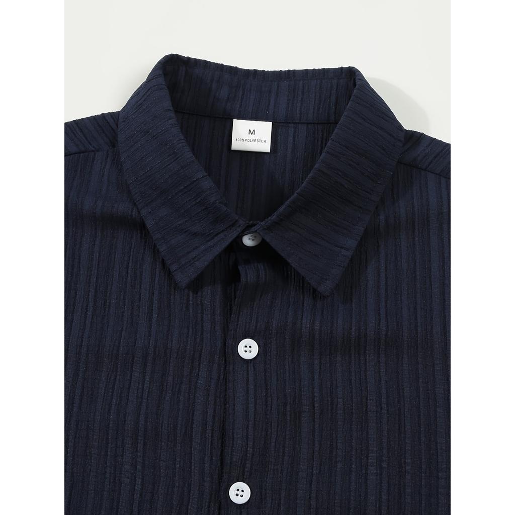 Мужская повседневная полосатая толстовка с коротким рукавом, воротником-стойкой на пуговицах и эластичным поясом, брюки из полиэстеровой ткани с добавлением эластана, двухкомпонентный