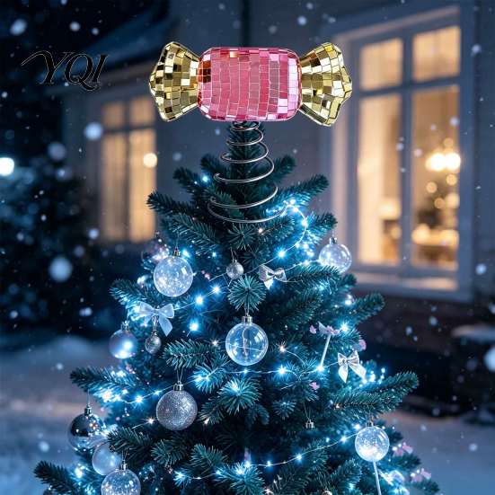 Modern Christmas Tree Accessories Topper, Pink Gold Candy Top with Spring Base, Mosaic Sparkling Mirror Star Shiny Ornament for Holiday Tree, Glitter