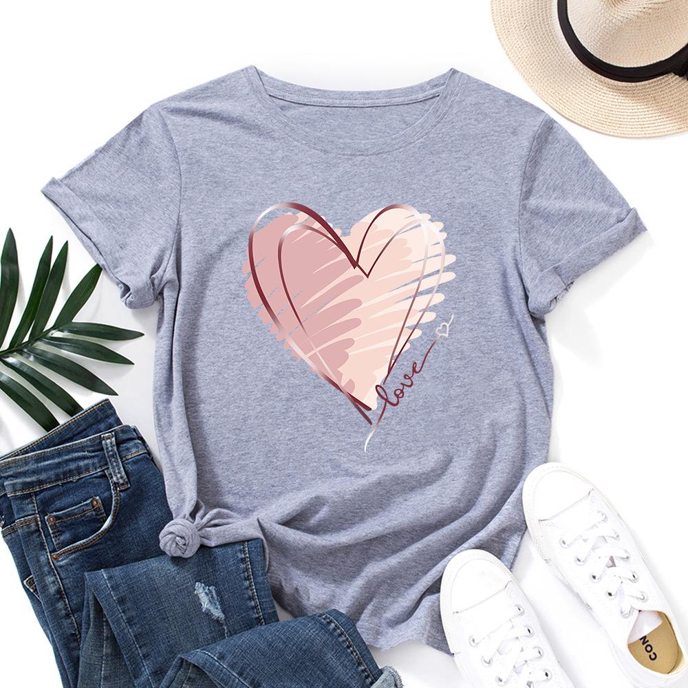Модная хлопковая футболка с сердцем, с коротким рукавом, с круглым вырезом, женская, с 2D-принтом, топы