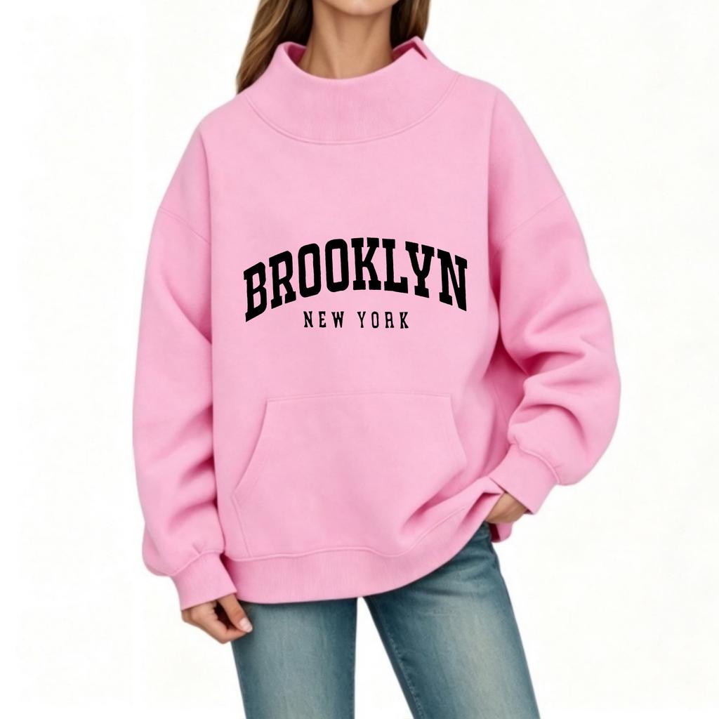 BROOKLYN printed semi-turtleneck sweater women's front shoulder kangaroo pocket long sleeve autumn and winter women's clothing