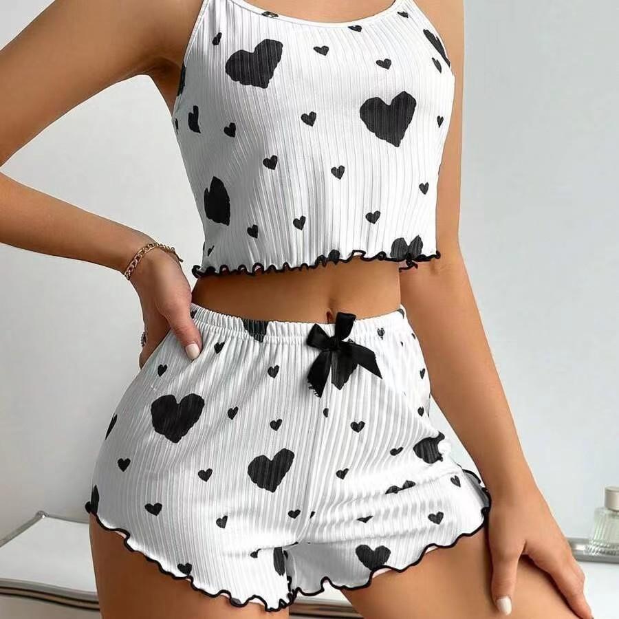 Women's Pajamas Set Sleepwear 2 PCS Short Tank Tops And Shorts S M L White Ventilate Soft Casual Love Printing