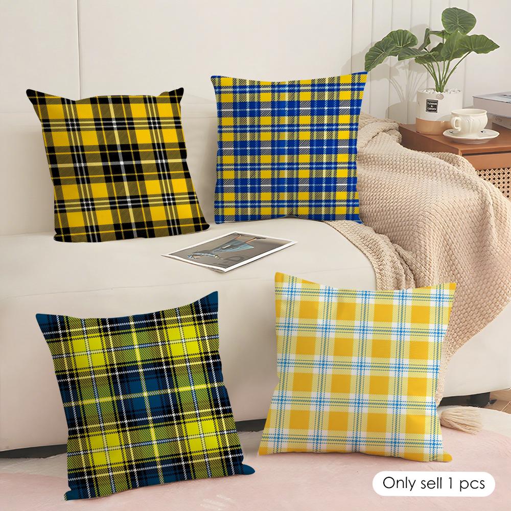 Желтая Клетчатая Наволочка Шелковистая Коротковорсовая Наволочка для Подушки Дивана Скрытая Молния Мягкий Пылезащитный Чехол для Домашнего Декора