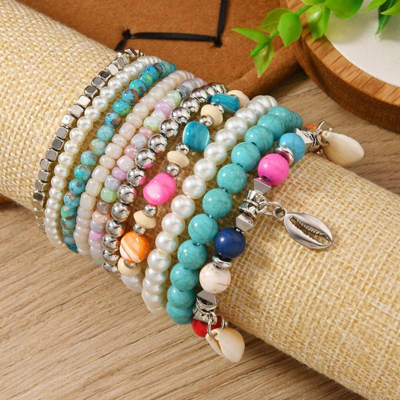 10-Pack Holiday Style Design Bohemian Rice Bead Bracelet Stacked Bracelet Set