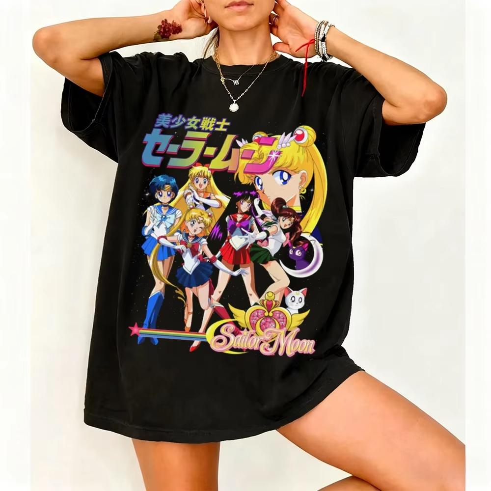Sailor Moon Ретро 90-х Аниме Графическая Футболка 2026 Лето Унисекс Одежда Женская Футболка Уличная Одежда Повседневный Тренд Пара Хип-Хоп Топ