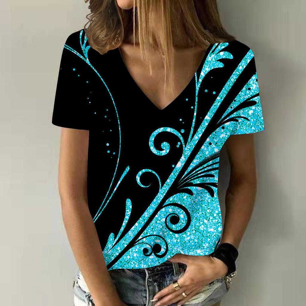 Футболки с абстрактным цветочным принтом 3D, женская мода, барокко, цветочные, свободного покроя, с V-образным вырезом, женская уличная одежда, женские футболки, топы