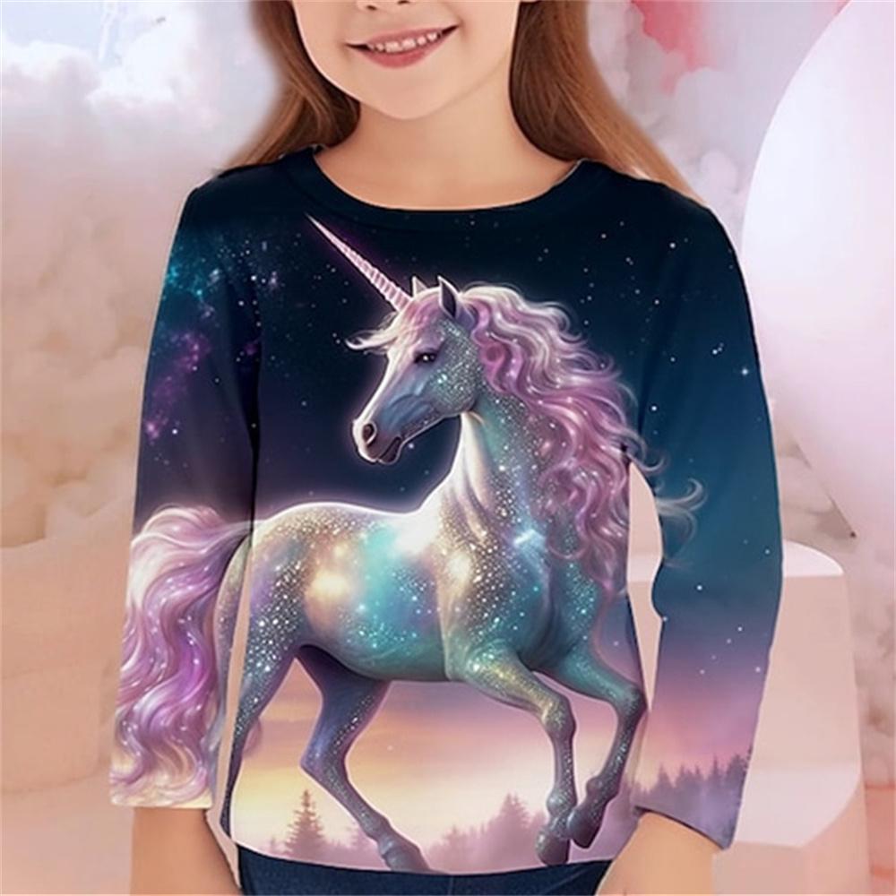 Одежда для девочек Футболки с рисунком лошади Детский топ с длинным рукавом 2024 года Летняя детская футболка для девочек Детская одежда Футболки для девочек