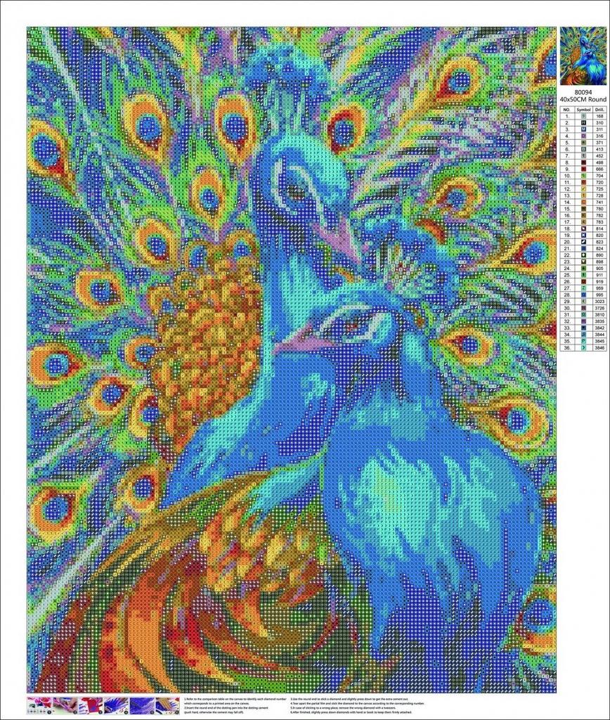 Haft diamentowy niebieskie pawie 45x55 cm