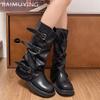 Кожаные женские высокие сапоги, дизайнерские туфли на среднем каблуке, ботинки для мотоциклистов средней длины, зимние 2024 года, тренд, новинка, готические ботинки Mujer