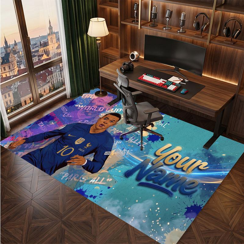 Kylian Mbappe Custom Crystal Velvet Rug, Personalized Name Text Print, Football Logo Soft Non‑Slip Floor Mat Home Decor Gift