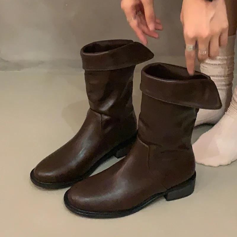 2024 Новые Туфли Женские Сапоги Женские Осенние Круглые Носки Замшевые Однотонные Короткие Ботинки На Блочном Каблуке Модные Сапоги Zapatos De Mujer