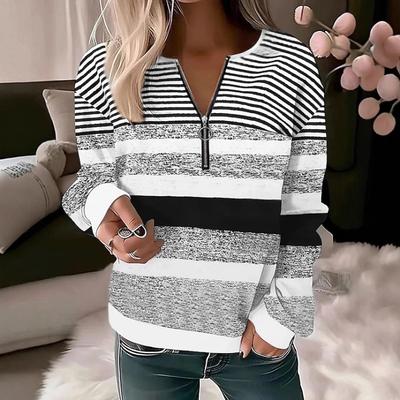 Осень Зима Полосатые с принтом Женские футболки с длинным рукавом Геометрия Молния V-образный вырез Женские топы Свободные Повседневные Одежда больших размеров 5XL