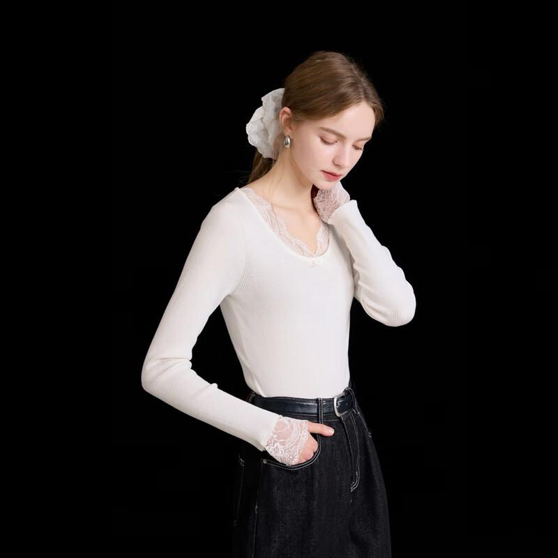 Sancai 2025 Зимний облегающий вязаный топ с кружевом, V-образным вырезом и длинными рукавами