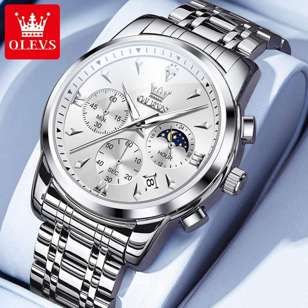 Роскошные кварцевые часы-хронограф для мужчин, модные многофункциональные, с фазой Луны, водонепроницаемые, с люминесцентной подсветкой, с датой, деловые мужские часы