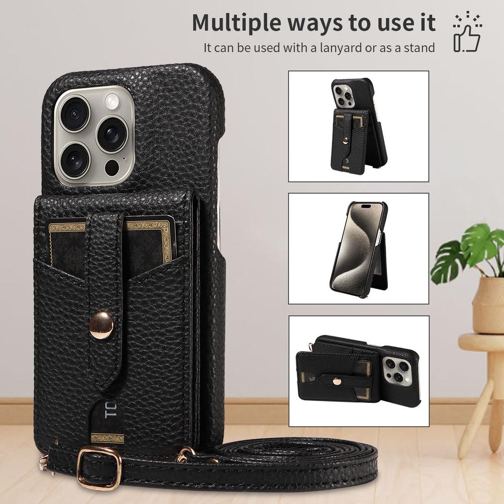 Чехол для телефона iPhone16 15 14 13 Pro Pro Max Plus с зеркалом для макияжа и слотом для карточек на шнурке Стильный многофункциональный чехол для телефона