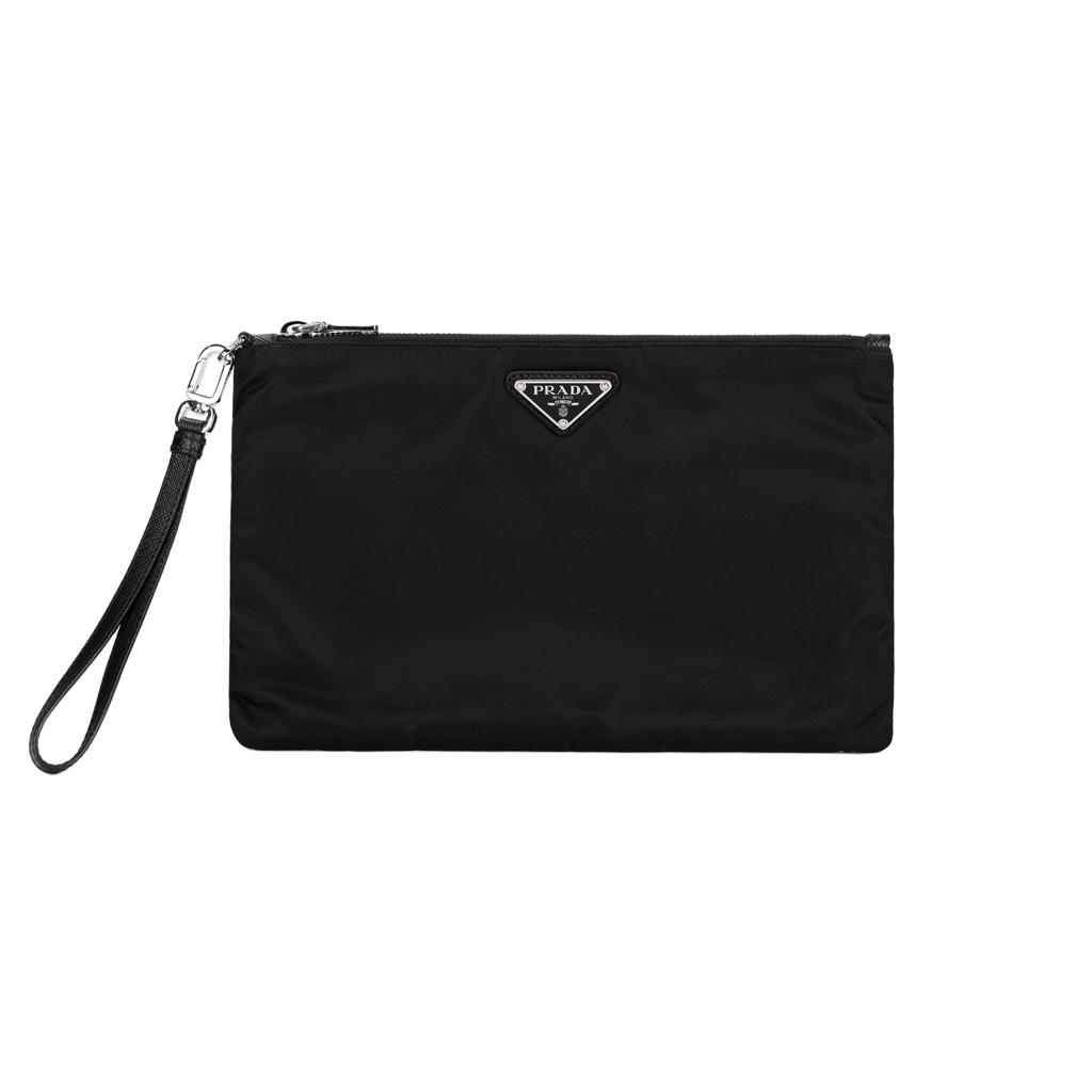 Prada Saffiano Enamel Triangle Metal Logo Cosmetic Bag Men Cosmetic Bag Black 2NH006-064-F0002