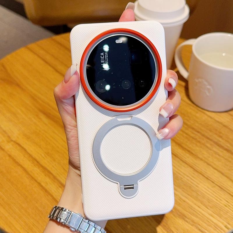 Для Xiaomi 15 14 Ultra Чехол Магнитный Металлический Держатель-подставка с вращением на 360° Сетчатый рисунок Кожа Хороший захват Мягкая задняя крышка