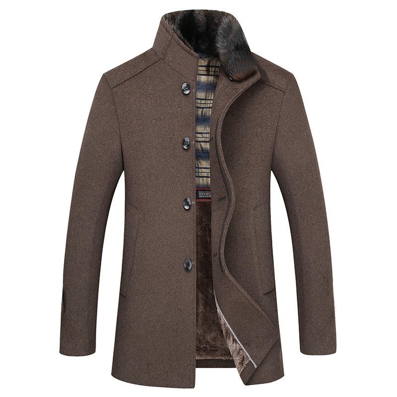 Зимнее шерстяное пальто мужское пальто средней и длинной длины, деловое повседневное с воротником-стойкой, с начесом и утолщенной шерстяной пальто мужское