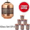Copper Hammer Carving Water Matka Vessels Container Pot with Stainless Steel Tap 11 Litre AND Premium Copper Water Glass With Carving Design Set Of 6